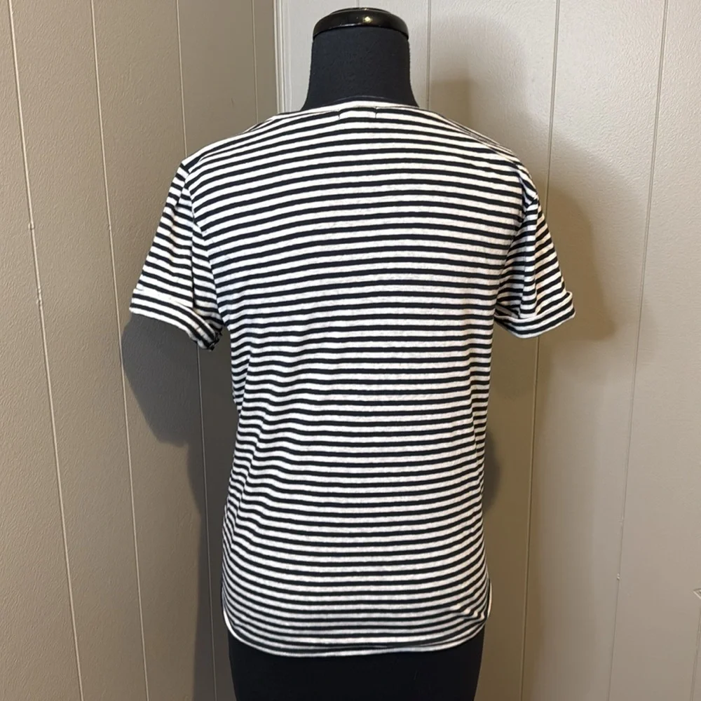 E J. CREW Shirt Womens Small Navy Blue Striped Short Sleeve Tie Front Pocket Tee